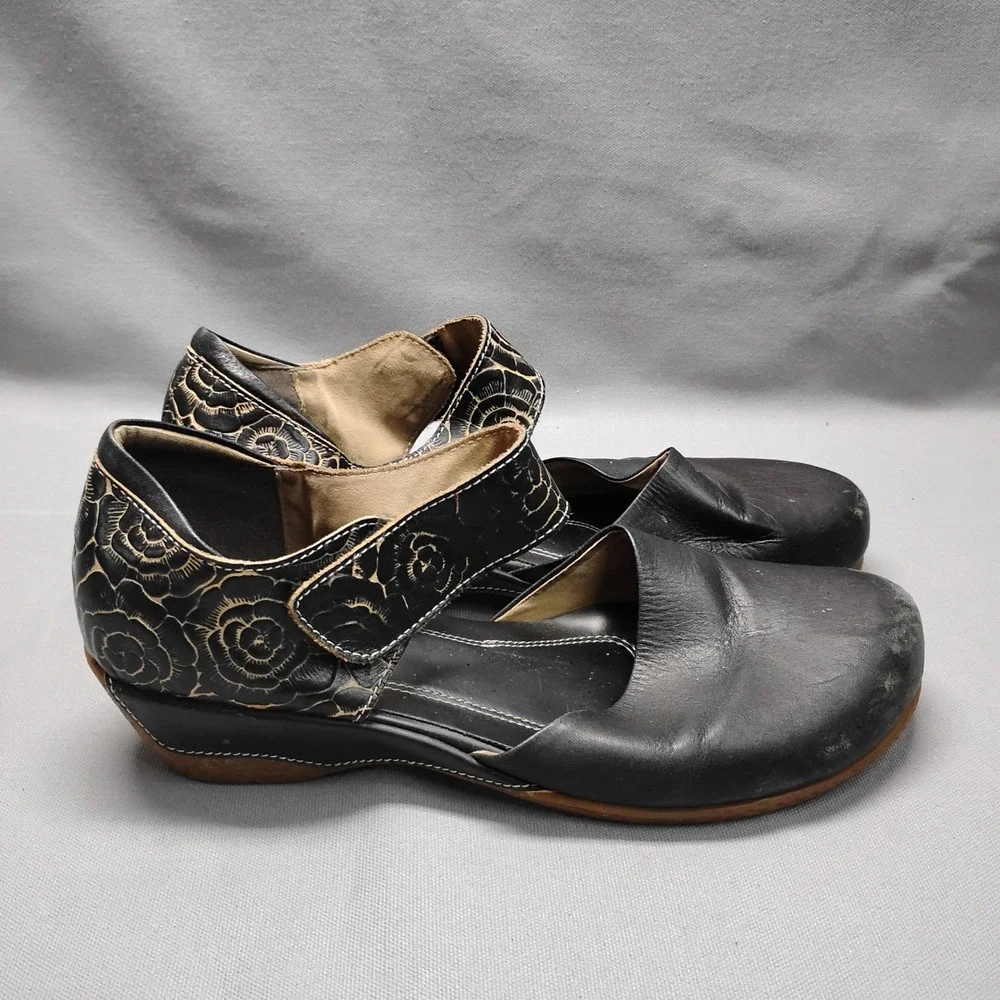 Spring Step L'Artiste Womens 42 Black Leather Floral Mary Jane Wedge Shoes